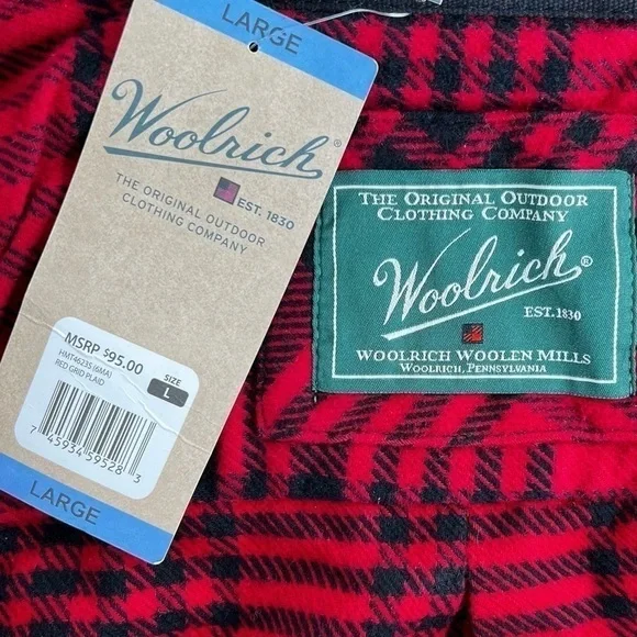Woolrich Men’s Black and Red Long Sleeve Casual Brawny Flannel Shirt
